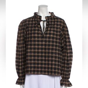 GANNI v neck plaid blouse